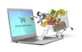 Online store concept. Construction accessories, carts. Gray laptop.